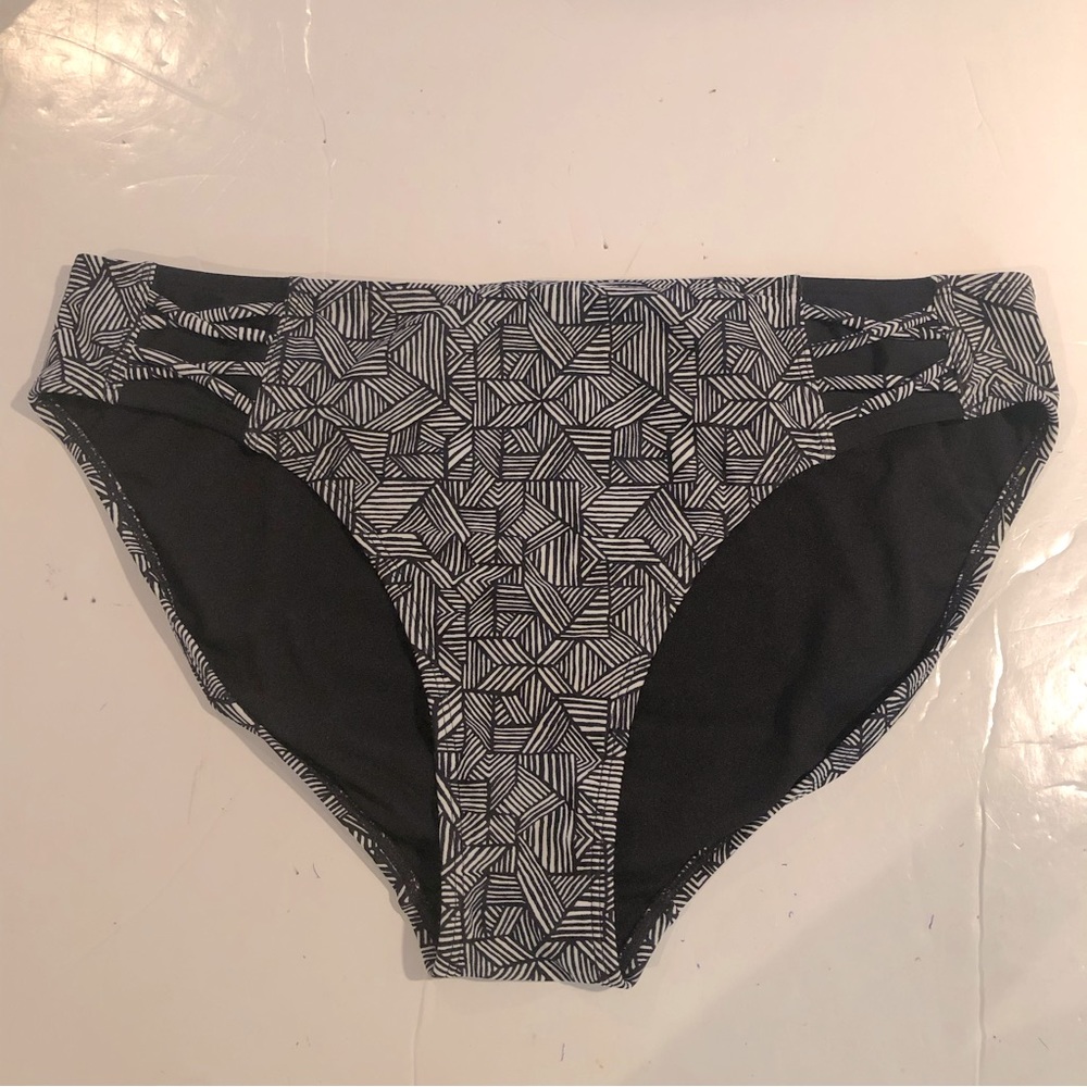 ATHLETA Black White Geometric Side Cross Bikini BOTTOMS L